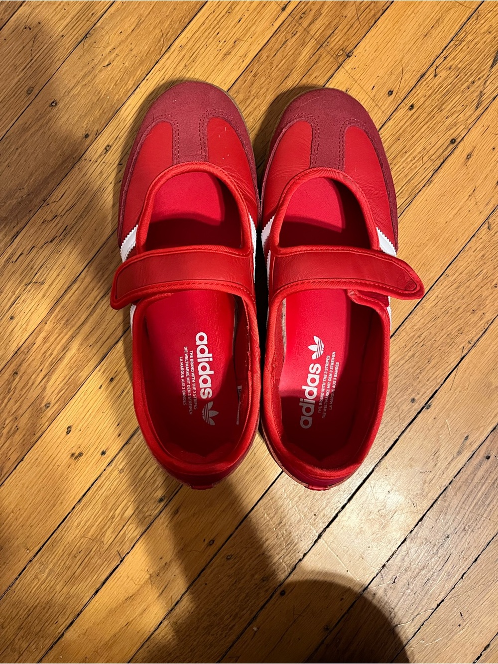 adidas Kids Red Mary Jane Sneakers with White Stripes - Picture 3 of 5